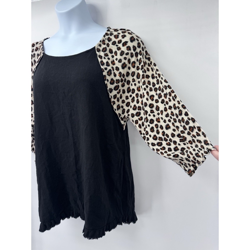 Umgee 3/4 Sleeve Leopard Linen Tunic Top fringe hem XL 22 ptp beach light boho - Picture 4 of 11